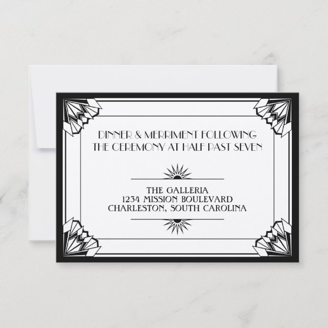 Jazzålder svart Art Deco bröllopsmottagning Inbjudningar (Framsida)