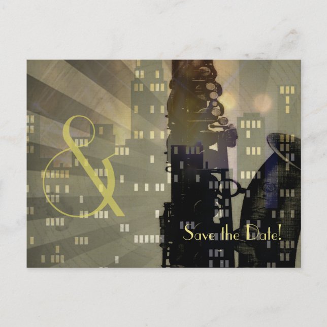 Jazzålderns Saxofon Stadssiluett Bröllopsset Meddelande Vykort (Framsida)