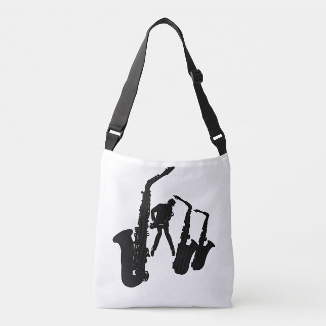 Jazzman Black Silhouette Sax Jazz White Bag Axelväska (Framsida)