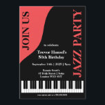 Jazzpartyfödelsedag Inbjudningar<br><div class="desc">Fira tillfället med ett jazztema; presentera en violoncell och ett piano silhouette i röd och svart bakgrund för korall.</div>