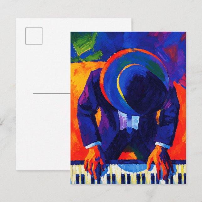 Jazzpianist Abstrakt Konst Färgrik Målning Vykort (Fram/baksida)