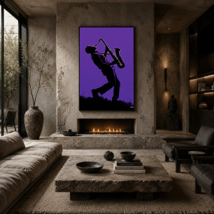 Jazzsaxofonistaffisch – svart silhuett på lila poster