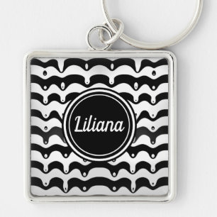 Jazzy Black and White Smälter Zebra ränder Fyrkantig Silverfärgad Nyckelring