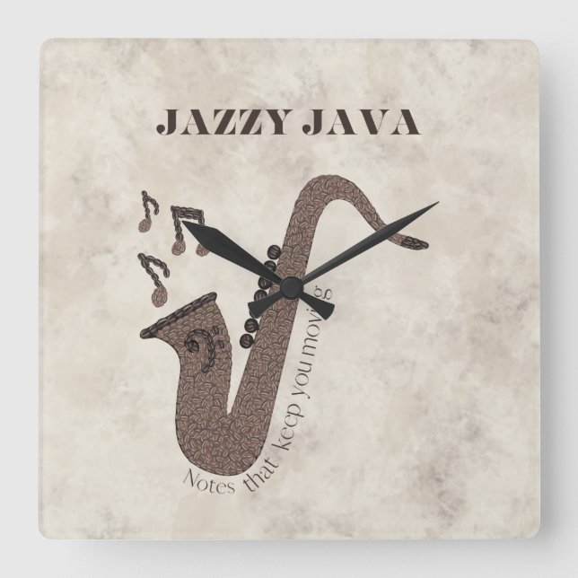 Jazzy Java-Kaffebönor-Saxofon- Fyrkantig Klocka (Framsida)