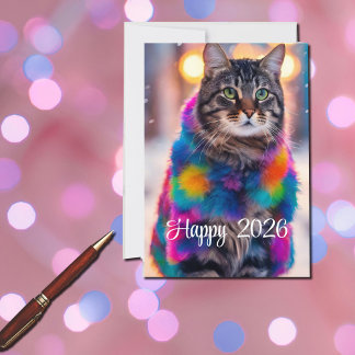 Jazzy Kitty i pälsrock - Gott nytt 2026 Julkort
