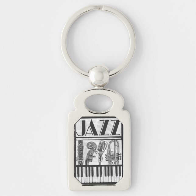 Jazzy Musical Instruments Black and White Keychain Rektangulärt Silverfärgad Nyckelring (Framsidan)