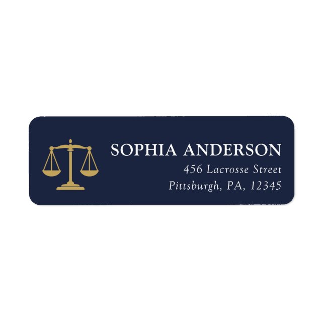 JD Graduate Scales of Justice Navy Gold Address Returadress Etikett (Framsidan)