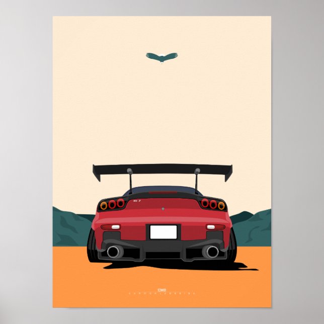 JDM Red RX-7 Rear View Racing Car Illustration Art Poster (Framsidan)