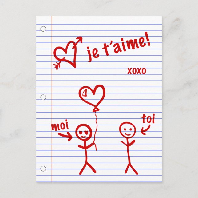 je t'aime croquis de cahier vykort (Framsida)