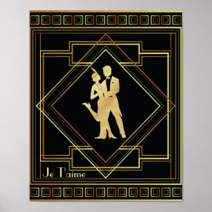 Je T'aime Fransk Art Deco Black och guld 20-talet Poster
