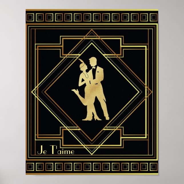 Je T'aime Fransk Art Deco Black och guld 20-talet Poster (Framsidan)
