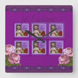 Je T'aime Lila Romantic Girl Vintage Collage Fyrkantig Klocka