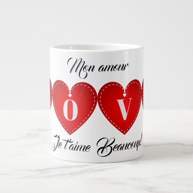 Je t'Aime Mon Kärlek Valentine Red Heart Romantic Jumbo Mugg (Framsidan)