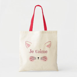 Je t'aime Rosa Cat Ansikte Tote Bag Tygkasse