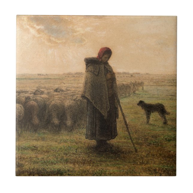 Jean-Francois Millet - Shepherdes och Flock 1865 Kakelplatta (Framsidan)