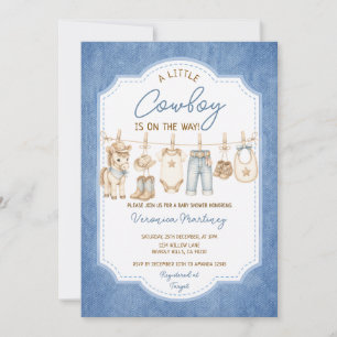 Jean Söt Liten Cowboy Baby Shower Klädstreck Inbjudningar