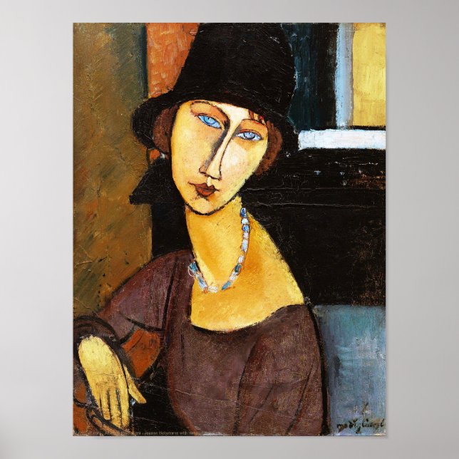 Jeanne Hebuterne med Hat och Necklace, Modigliani Poster (Framsidan)