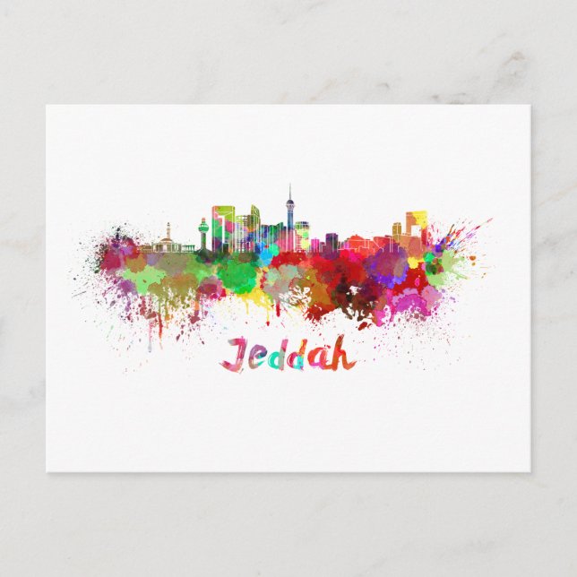 Jeddah skyline i vattenfärg vykort (Framsida)
