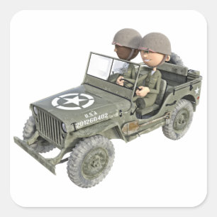 Jeep med 2 tecknader soldater fyrkantigt klistermärke