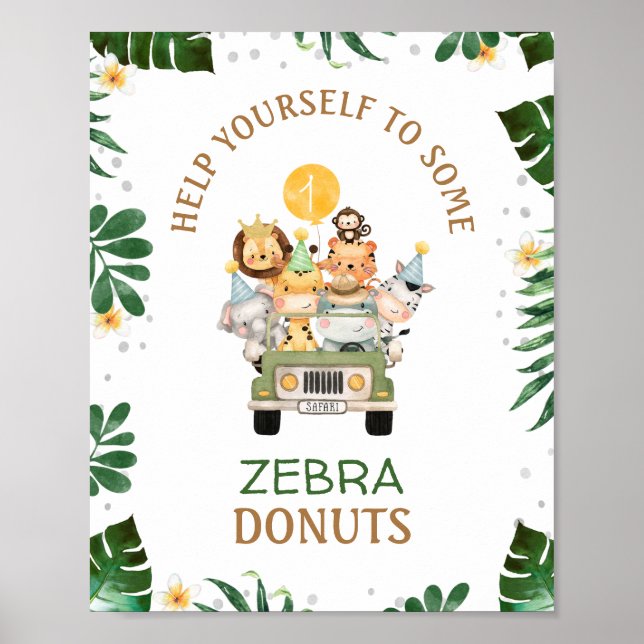 Jeep Safari Animals Födelsedagsfest Sign Poster (Framsidan)