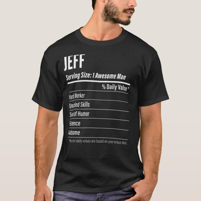 Jeff Serving Storlek Nutrition Label Calories T Shirt (Framsida)