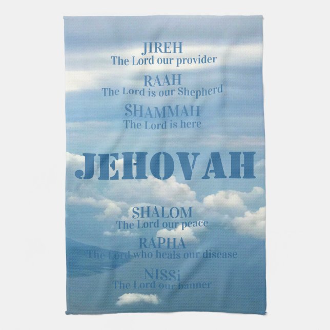 Jehova Jireh Shalom Rapha Blu Himlar White Clouds Kökshandduk (Vertikal)