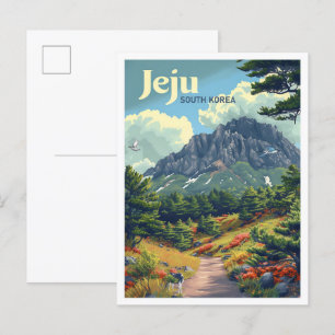 Jeju Sydkoreas Vintage Art Travel Illustration Vykort