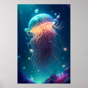 Jelly Fish Animal Porträtt målning Wildlife Ocean Poster