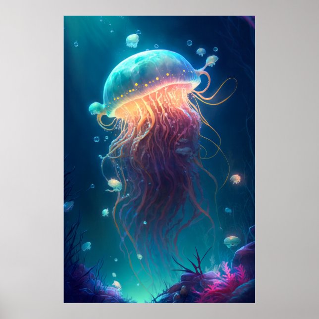 Jelly Fish Animal Porträtt målning Wildlife Ocean Poster (Framsidan)