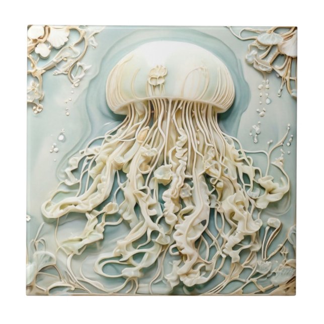 Jellyfish Art nouveau Faux Relief Mint Cream White Kakelplatta (Framsidan)
