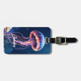 Jellyfish Art, White Script Name, Contact Info Bagagebricka