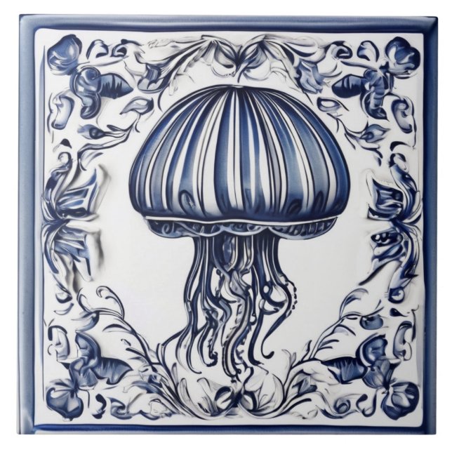 Jellyfish Blue and White Jelly Fish Ocean Marine Kakelplatta (Framsidan)