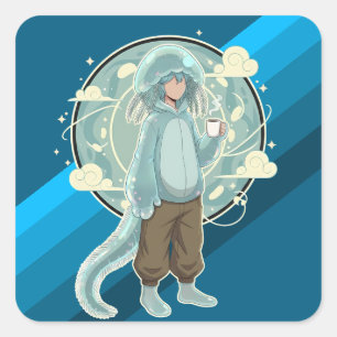 Jellyfish Boy Anime Kaffe Konst Fyrkantigt Klistermärke