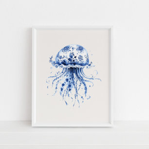 Jellyfish - Coastal Blue on Beige Wall Art Poster