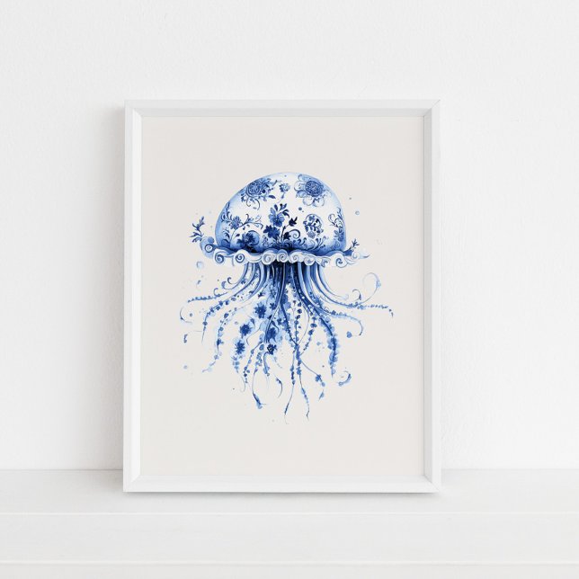 Jellyfish - Coastal Blue on Beige Wall Art Poster (Jellyfish – Coastal Blue on Beige Wall Art in a white frame on the floor.)