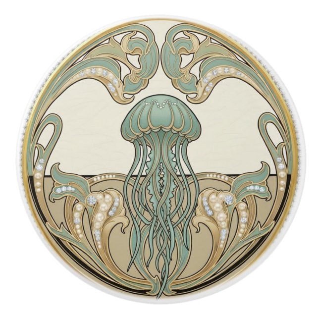 Jellyfish Green Cream & Gold Art Deco Nouveau Knopp (Framsidan)