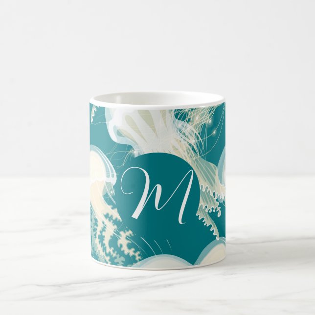 Jellyfish in Blue Ocean Summer Season Monogram Kaffemugg (Center)