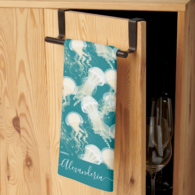 Jellyfish in Blue Ocean Summer Season Monogram Kökshandduk (Thirds Fold)