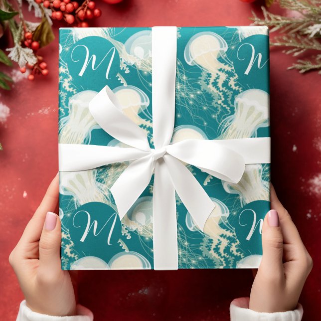 Jellyfish in Blue Ocean Summer Season Monogram Presentpapper (Skapare uppladdad)