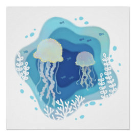 Jellyfish in Ocean Papper Art Illustration Perfect Poster