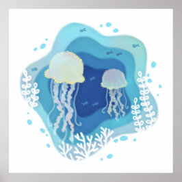 Jellyfish in Ocean Papper Art Illustration Poster