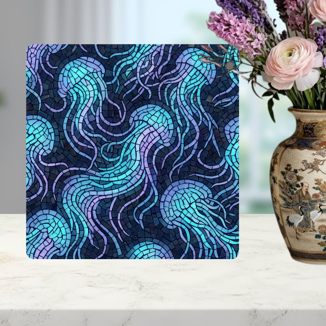 Jellyfish Mosaic Teal Purple Iridescent Design Kakelplatta (Skapare uppladdad)