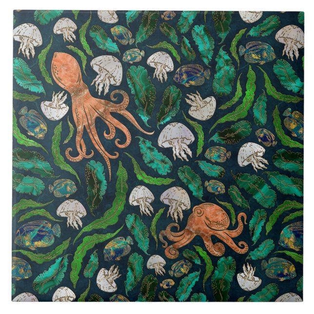 Jellyfish och Octopus Mönster Kakelplatta (Framsidan)