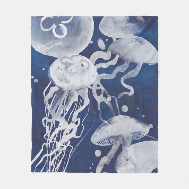 Jellyfish on Navy Background Fleecefilt (Framsidan)