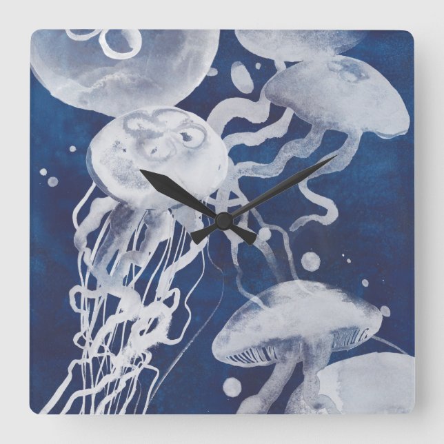 Jellyfish on Navy Background Fyrkantig Klocka (Framsida)