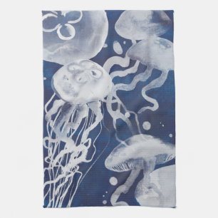 Jellyfish on Navy Background Kökshandduk
