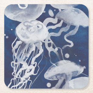 Jellyfish on Navy Background Underlägg Papper Kvadrat