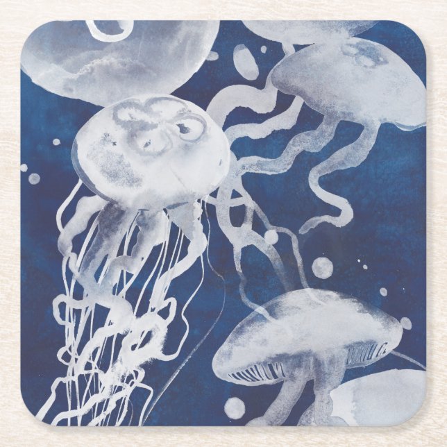 Jellyfish on Navy Background Underlägg Papper Kvadrat (Framsidan)