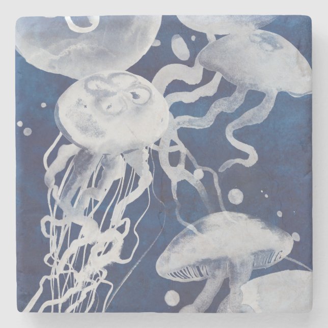 Jellyfish on Navy Background Underlägg Sten (Framsidan)
