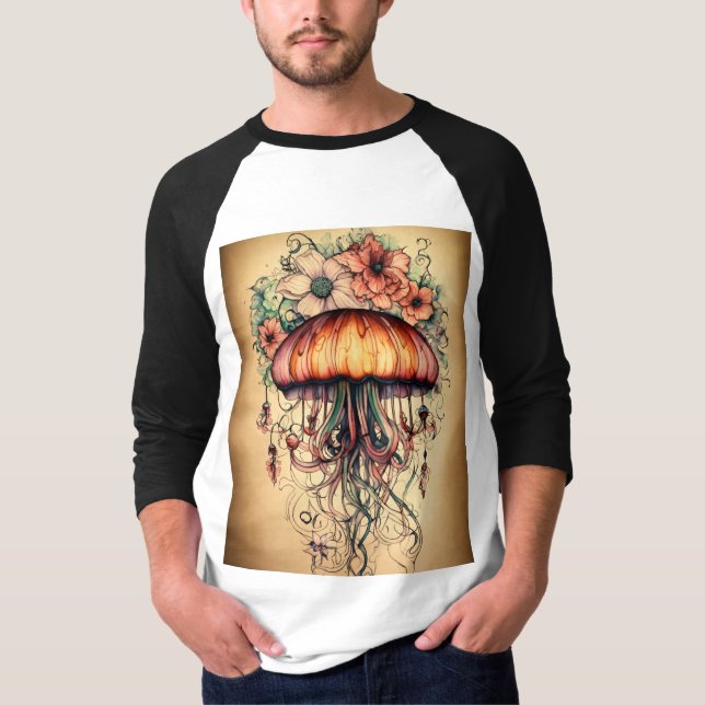 Jellyfish Tattodesign med Blommigt Inslag T Shirt (Framsida)
